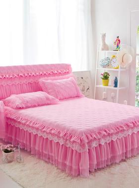 RI套0T韩式床裙件DBU加棉床床头罩加厚夹罩棉公三主风蕾丝花边粉