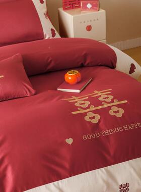 10支长绒棉婚庆0四件套全纯棉棉大红色床单婚被套喜庆嫁结QIV婚4
