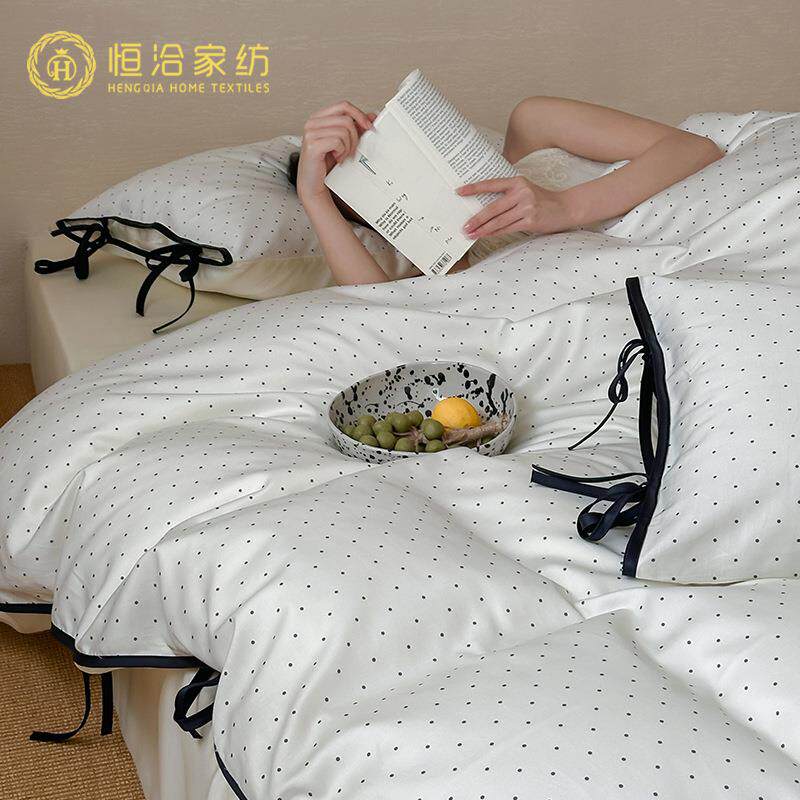 季慕卿丝滑双面莱赛尔四件套白法式波点凉感透夏绑带被套床上用气