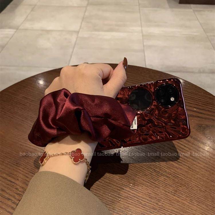 褶皱红酒红丝巾手腕带适用华为pocket2手机壳pocket S折叠屏喜庆新年外壳findn3flip翻盖mixflip奢华