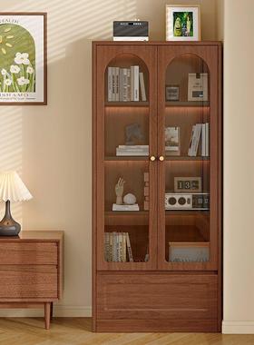 书实木带玻璃柜门防EHZ尘收纳柜客厅书架展示中古风置物柜柜储物