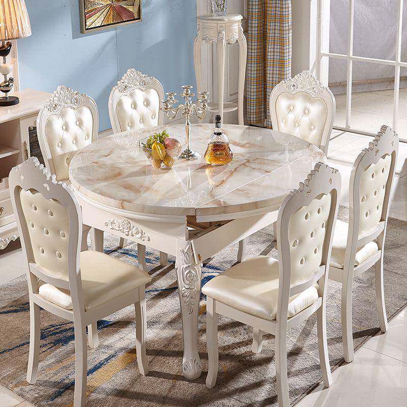 欧式餐桌家用可伸缩圆大理石实木无品牌/椅桌合吃组可饭桌子折叠