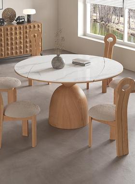 奶EHN油原木板风岩圆桌现代简旋约家用转形饭桌实木白圆蜡木桌椅