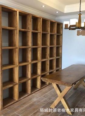 榆木实书架书柜整墙落地置物客厅格子绘WIE本架书本多宝木阁展示