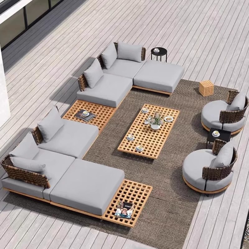 户外沙发庭院别墅露台p柚木防水防晒室外花园露天休闲藤编沙发组