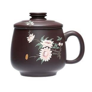 宜兴紫砂杯带内胆茶水分离家用泡茶杯手工堆绘变色水杯礼品三件套