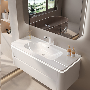 圆角浴室柜陶瓷一体盆洗漱台面化妆室洗手盆柜组合洗脸盆2023新款