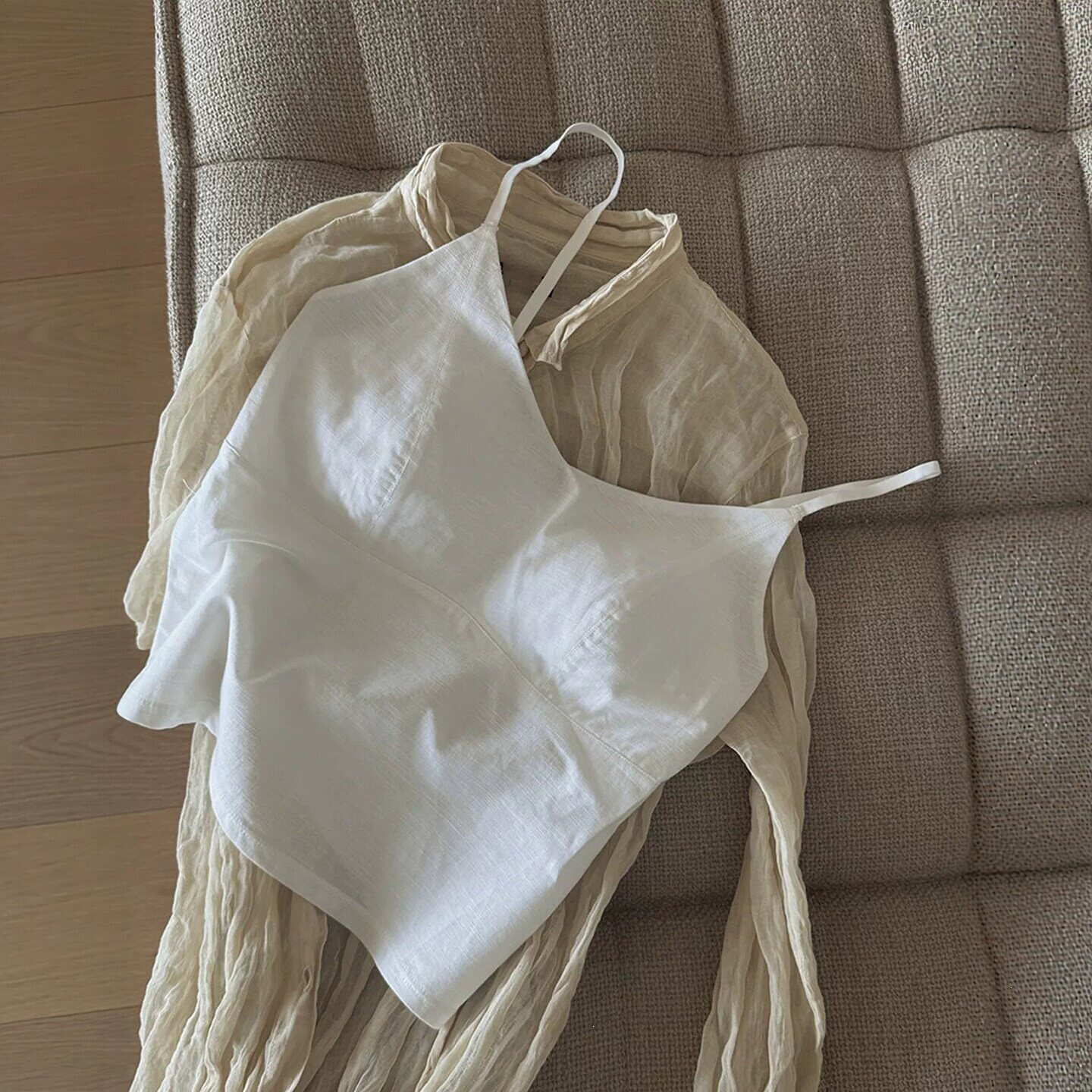 白色亚麻美背吊带文胸一体背心女士夏季薄款透气美背内衣衬衫内搭