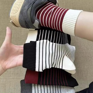 诸暨袜子女中筒袜秋冬季ins潮复古条纹长袜纯棉吸汗防臭堆堆袜女