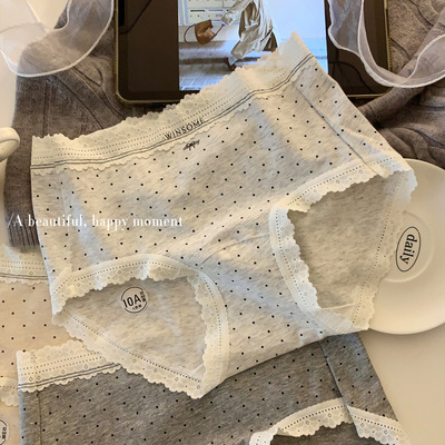 法式波点蕾丝边少女内裤女纯棉10A抗菌加长裆中腰A类棉女士批发