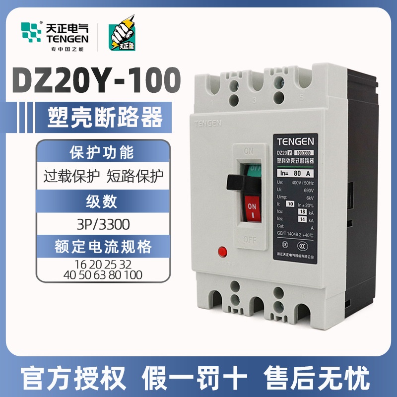 天正塑壳断路器DZ20Y-100/3300三相三线3P380V空气开关63A100A
