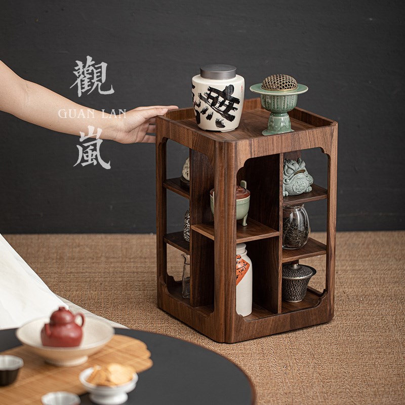 观岚胡桃木茶壶茶杯架茶具收纳柜旋转桌面展示架博古架小型置物架