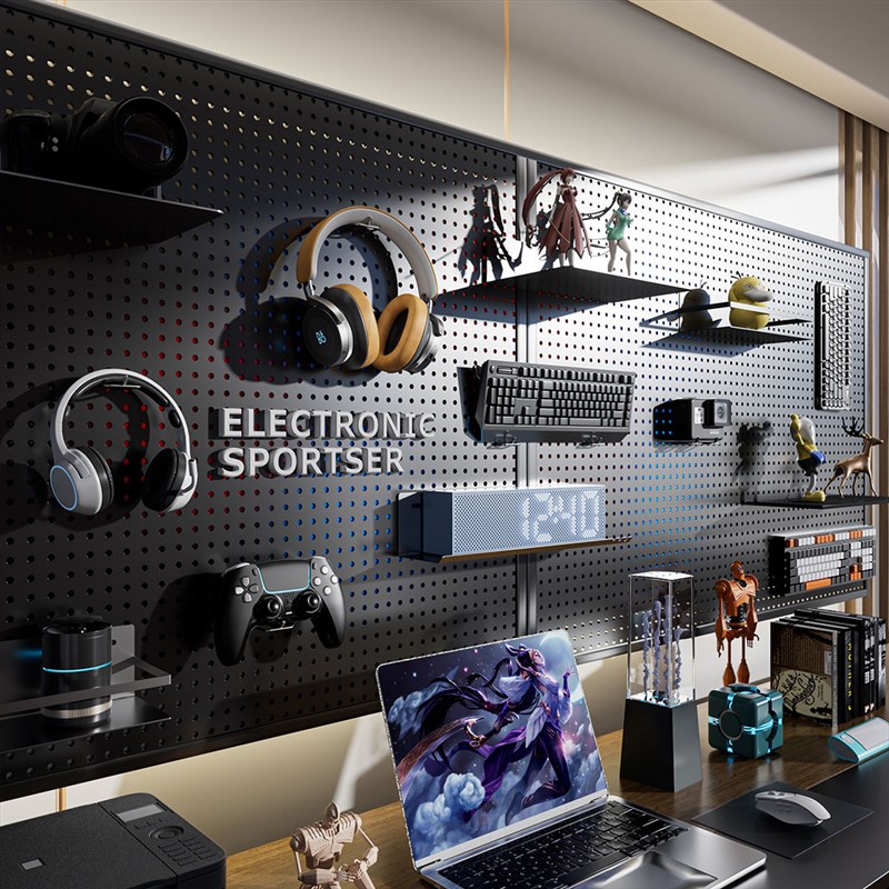 洞洞板电竞房墙隔板置物架书桌装饰收纳架挂钩手柄手办展示架定制