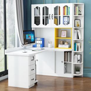 简约实木转角电脑台式桌家用卧室学生书桌书柜组合书桌书架一体