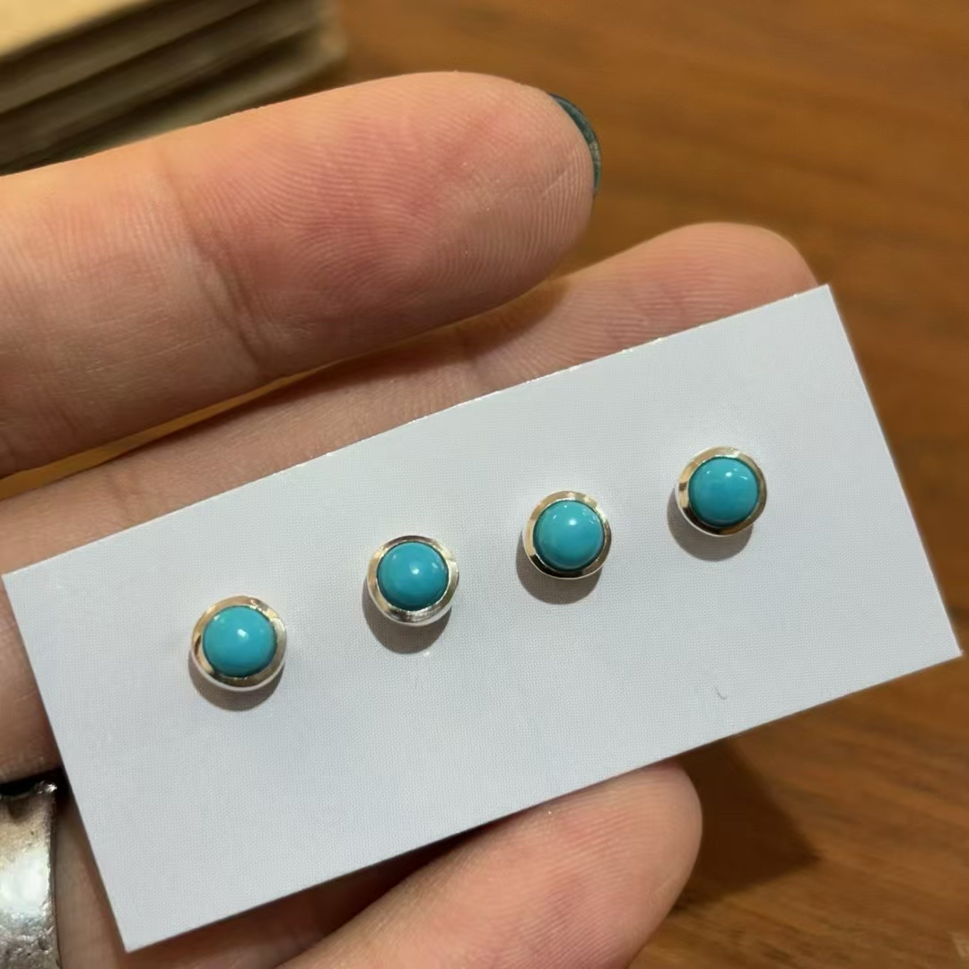 印度产925纯银手工制作天然美国睡美人绿松石养耳洞耳钉简约时尚