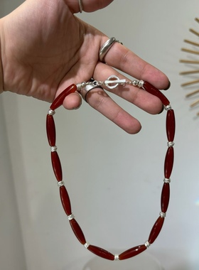 显白神器！泰产毛线球手工纯银天然红玛瑙项链女小众新年红锁骨链