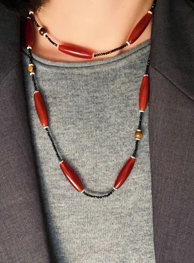 新年红玛瑙黑玛瑙串珠长款项链小众简约虎眼石多种戴法毛衣链颈链