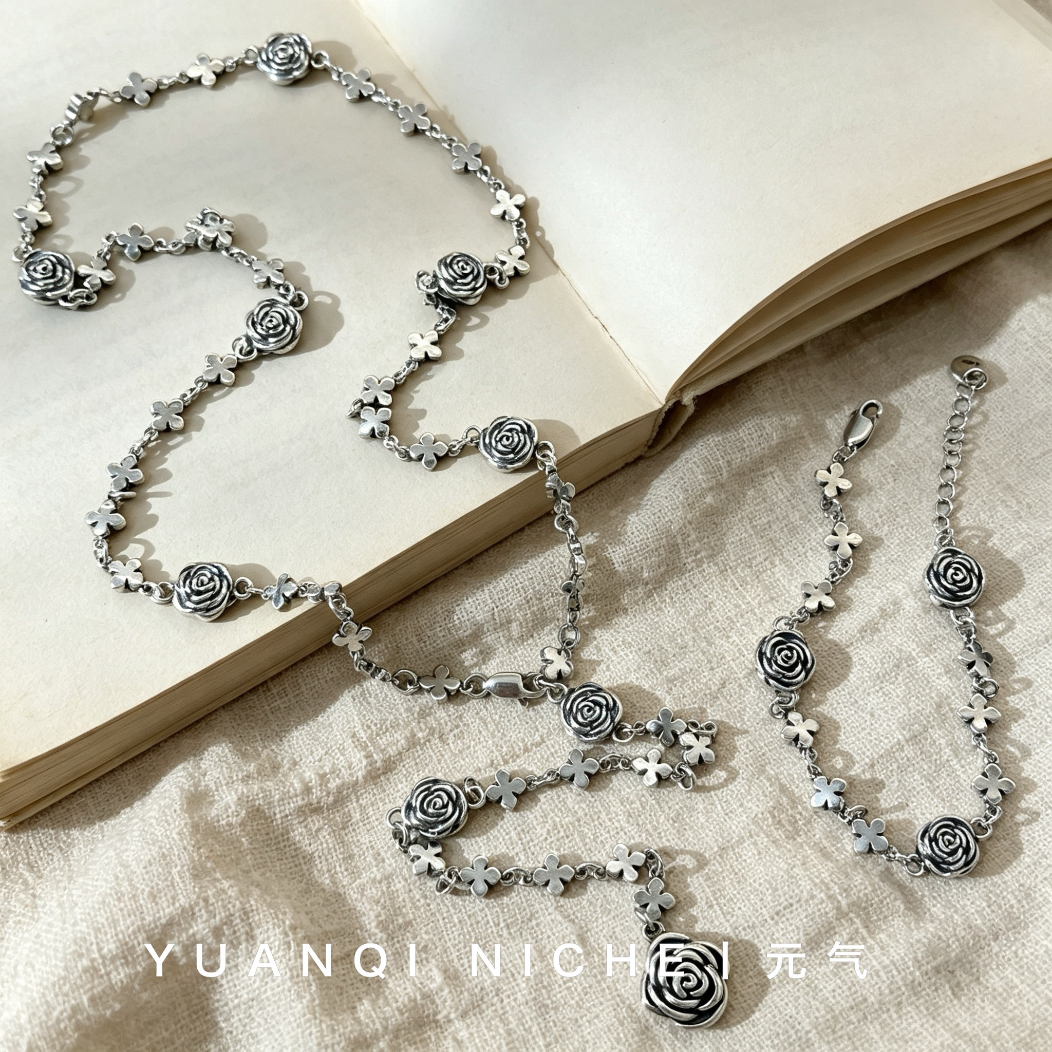 复古做旧玫瑰花项链手链女s925纯银重工十字架高级小众设计毛衣链