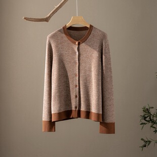 拼色开衫100%纯羊毛精纺扬子纱圆领拼色加厚开衫