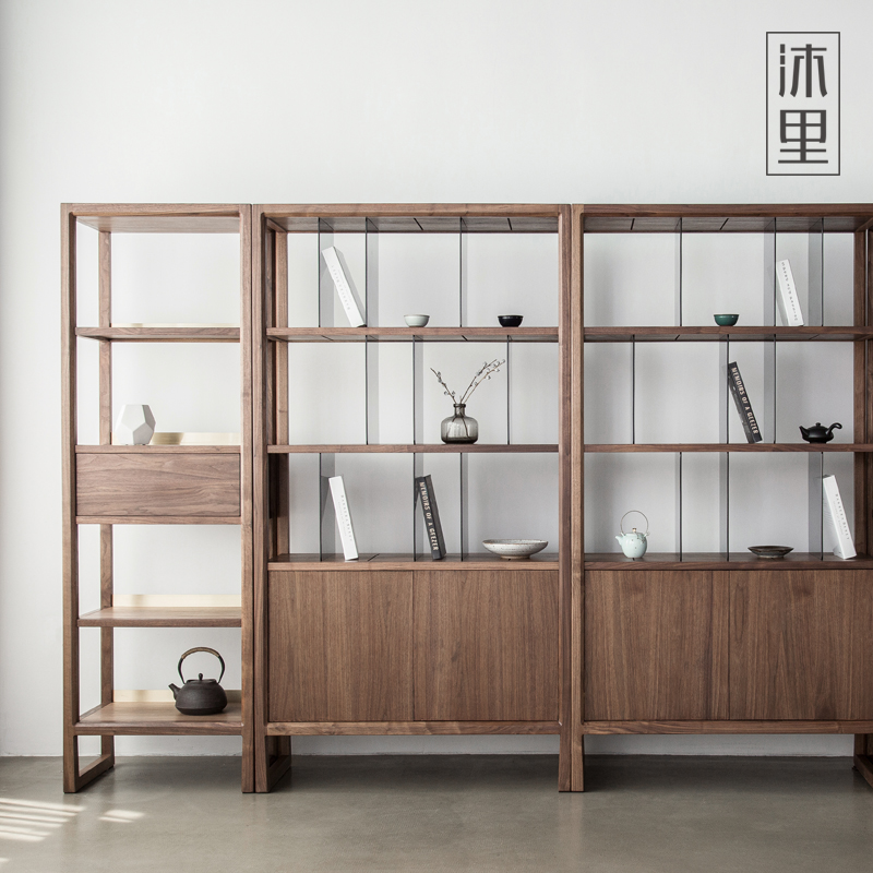 沐里/承思书柜/简约新中式黑胡桃实木组合书架博古展示置物架茶室