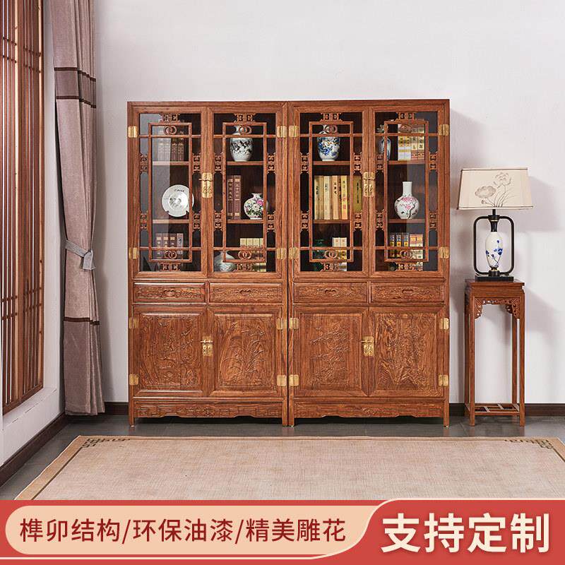 新中式全实木书柜玻璃落地红木储物柜书橱客厅现代书架置物架定制
