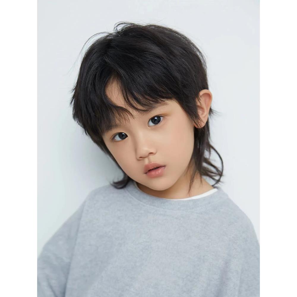 毕业表演儿童假发男宝宝鲻鱼头时尚假发拍照短直发拖尾狼尾全头套