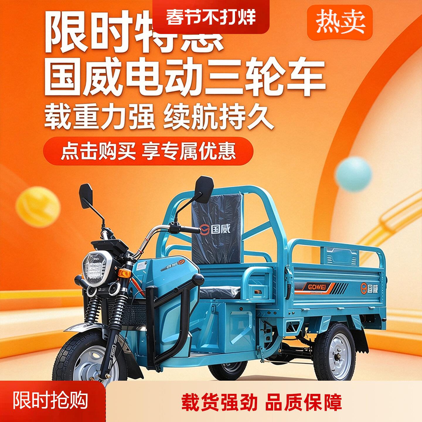 国威电动三轮车电动车三轮车带棚拉货家用载货电动车厂家直销爬坡