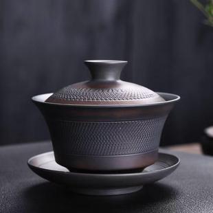 紫陶三才盖碗大号家用高端紫砂泡茶碗复古手工跳刀盖杯功夫茶具器