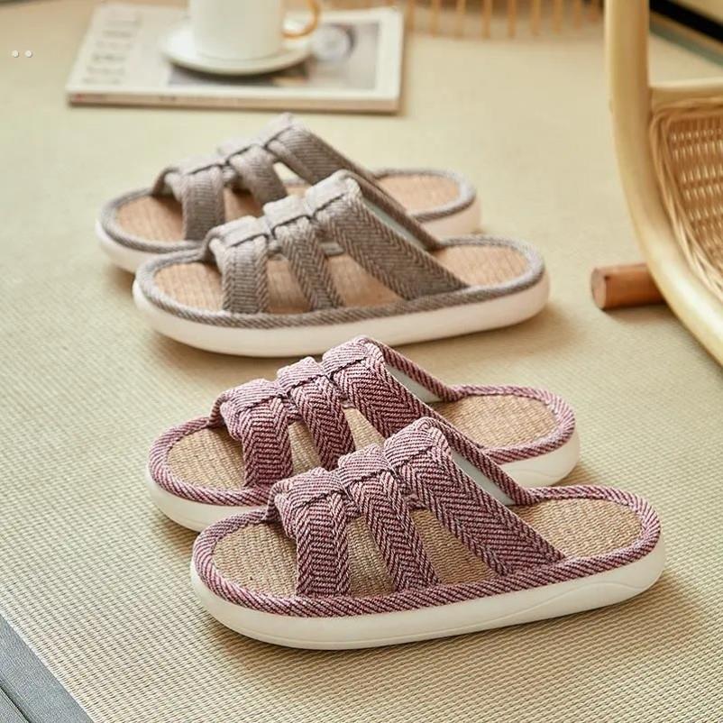 日式静音亚麻拖鞋夏季吸汗居家室内透气防滑家用交叉亚麻拖男女款