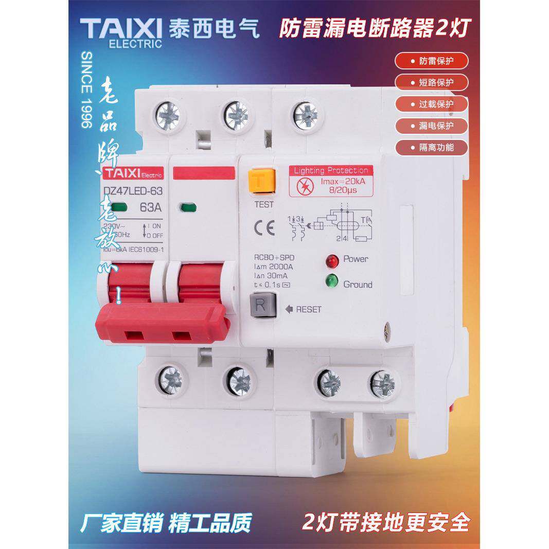 TAIXI防雷小型漏电断路器2灯接地保护开 关浪涌保护DZ47LED40A63A