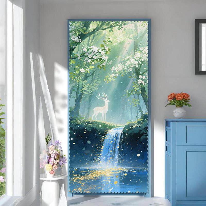 发财鹿风景卧室客厅玄关家用挂帘遮挡帘粘贴式布艺长门帘免打孔