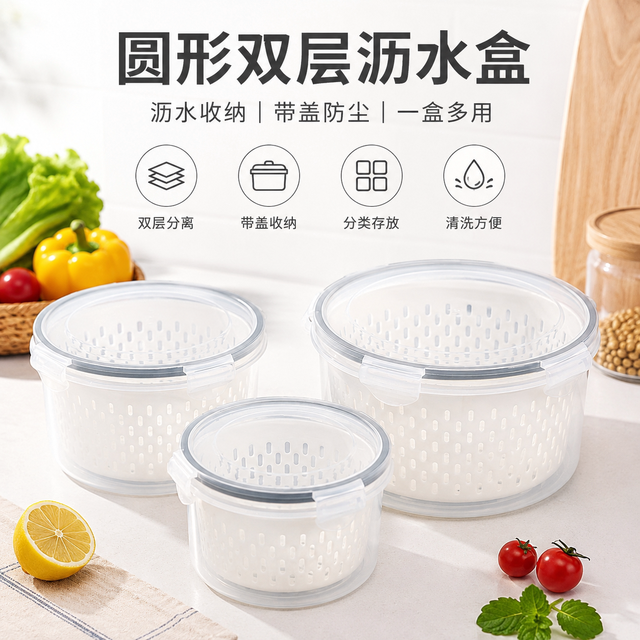 冰箱双层沥水篮保鲜盒水果储物食物干果收纳带盖果蔬食品密封盒