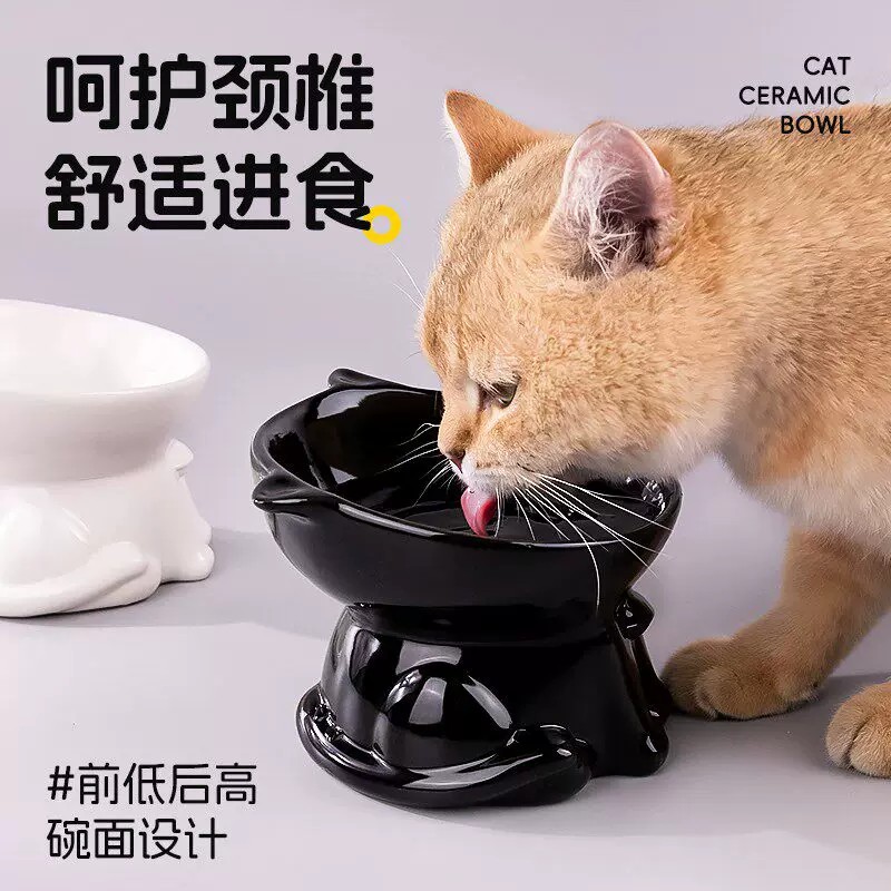 加厚可爱猫碗黑色喝水高脚猫咪碗猫食盆狗碗防打翻猫粮碗宠物用品