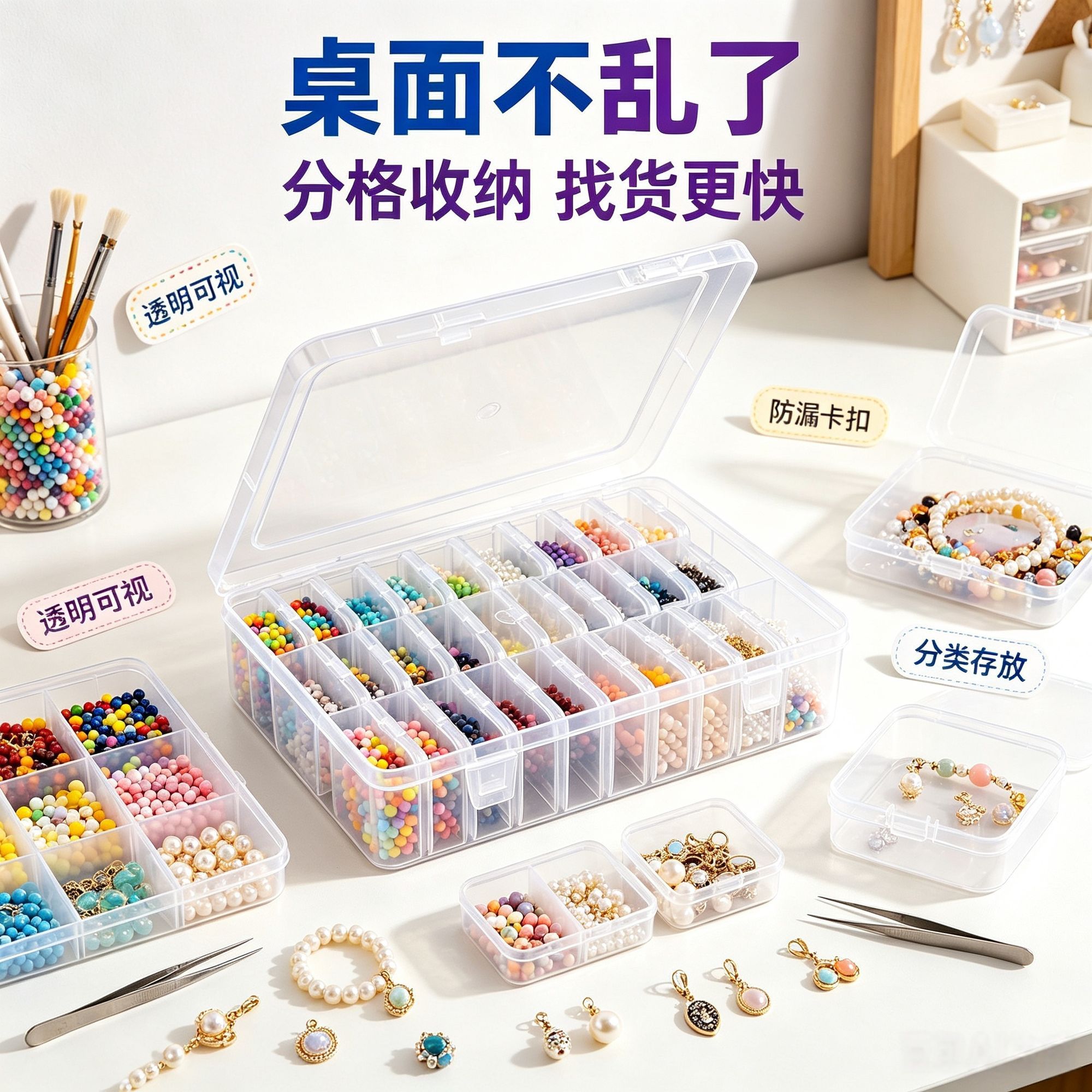 珠子收纳米珠配件收纳盒钻石串珠透明整理饰品美甲首饰盒塑料套盒