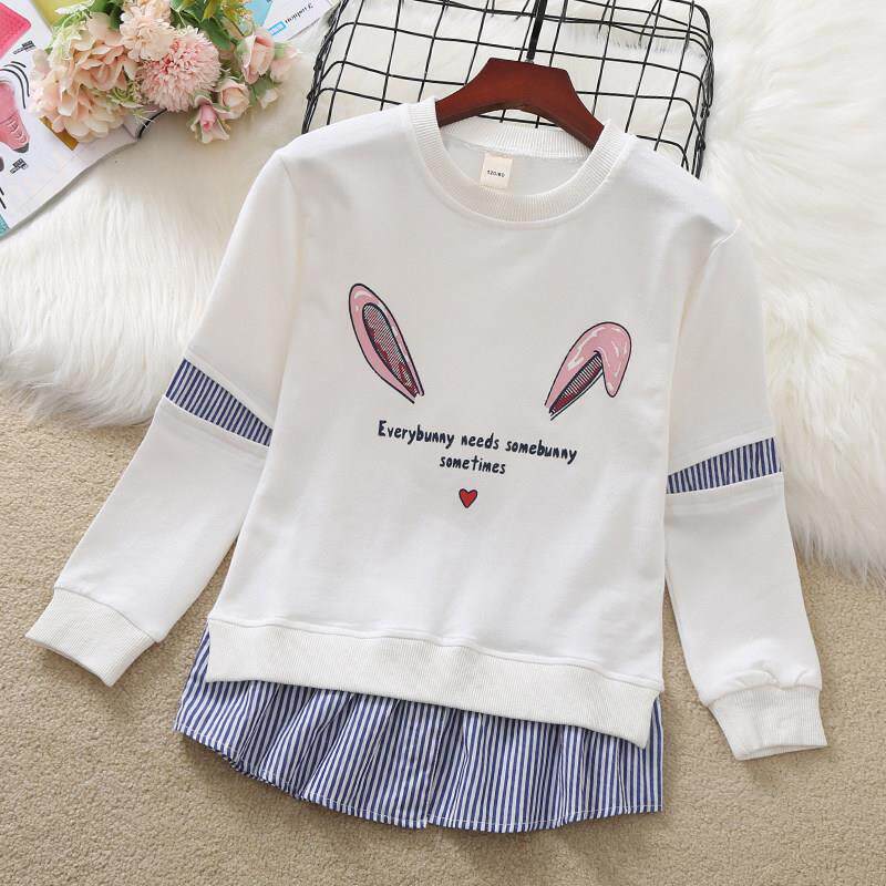 女童白色长袖t恤春秋装2025新款韩版洋气假两件卫衣儿童纯棉上衣T