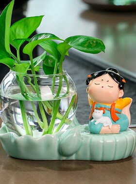 新中式唐仕女客厅装饰摆件绿萝水培花盆器皿干花插花创意植物花器