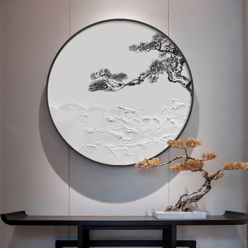 新中式客厅画装饰圆形le苍劲灯玄关走廊挂迎客画松油画立体d浮雕图片