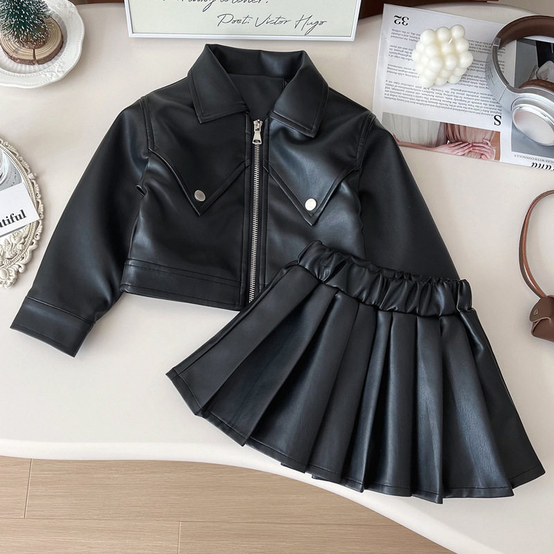 女童秋季pu皮套装韩版时髦机车服儿童皮衣外套百褶裙两件套