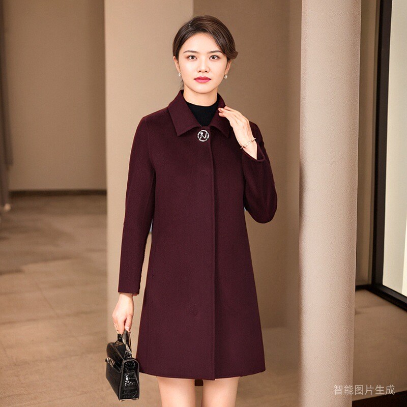 韩版双面羊绒大衣女中长款方领气质大码妈妈装修身绵羊Z毛呢子外