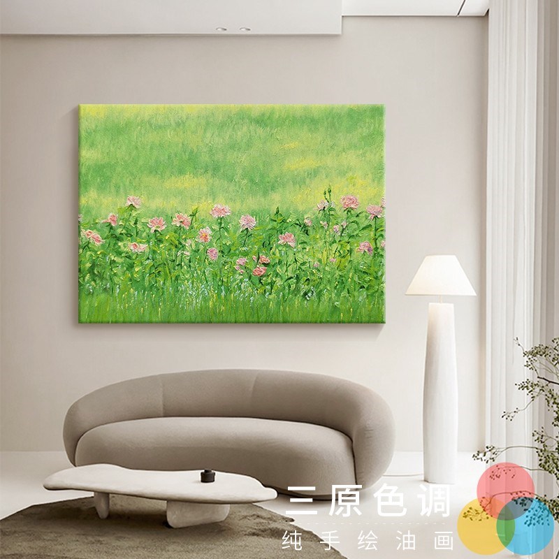 现代简约花丛手绘油n画客厅装饰挂画粉色花卉餐厅石英砂手工丙烯图片