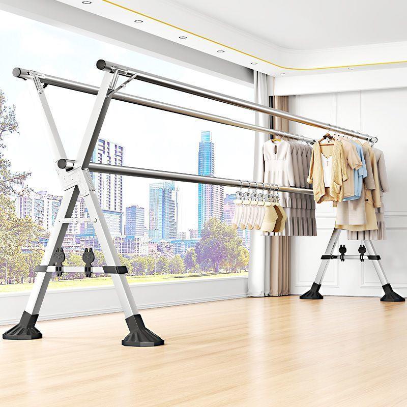 晾衣架落地折叠家用室内阳台不锈钢凉衣架伸缩双杆晾衣杆阳台晾被