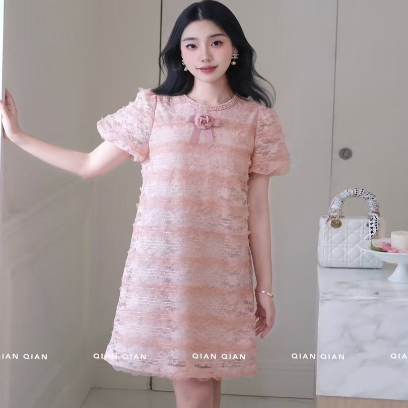 【清仓】亲肤蕾丝网纱泡泡袖木耳边甜美百搭小个子连衣裙设计感女