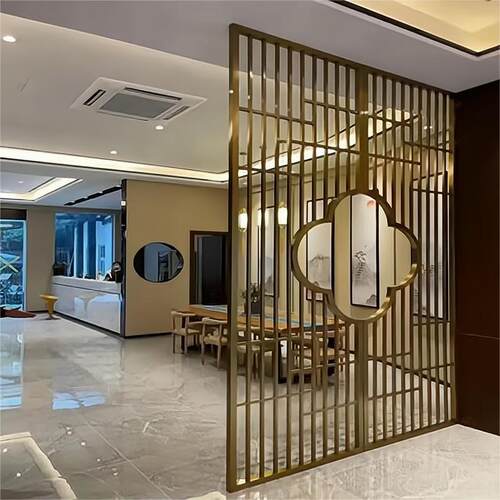 办公室会客厅入户金属玄关隔断梅花造型花格不锈钢格栅屏风装饰
