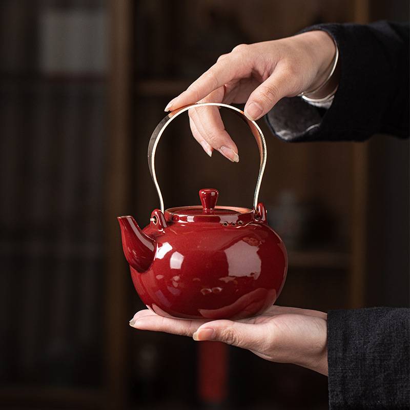 陶瓷富贵红色提梁陶壶煮茶炉家用明火酒精炉户外露营围炉煮茶套装