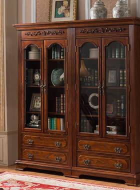 WIU门美式实木酒书柜式转角老板欧书房储物柜组合双玻璃书橱柜展