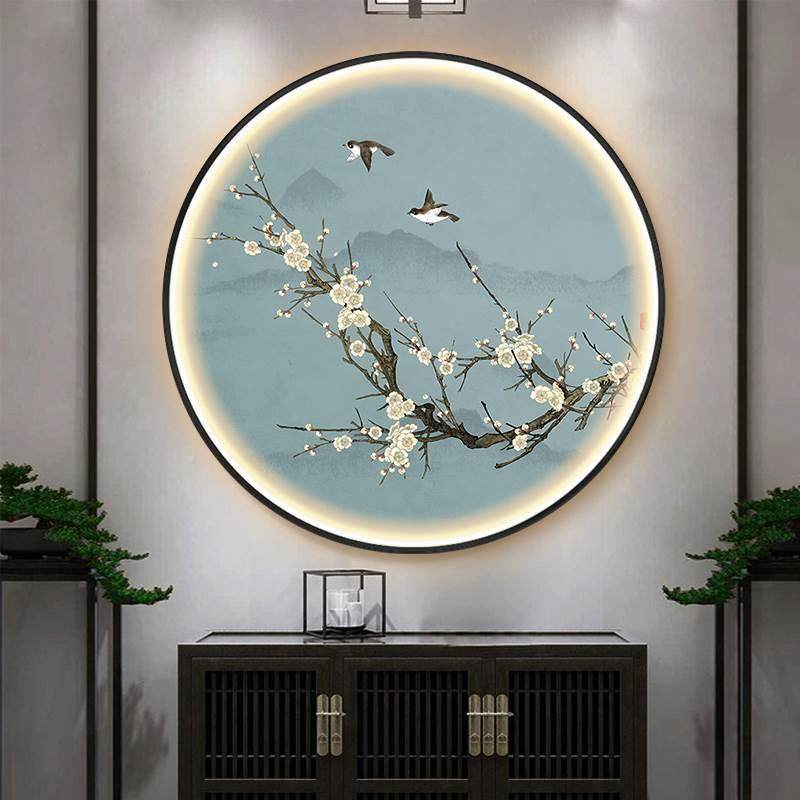 新中式圆形装画喜上眉客厅玄KF202204关带挂画灯LE饰D壁灯卧梢室