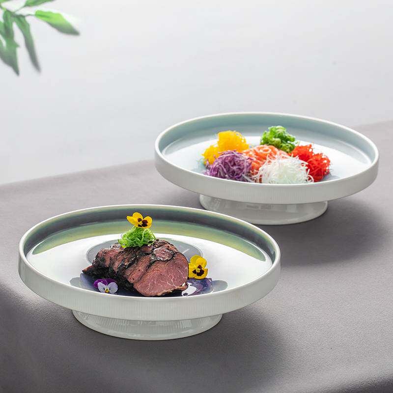 特色餐厅渐变色釉高脚圆盘创意酒店冷热菜炒盘子海鲜大号陶瓷汤盘