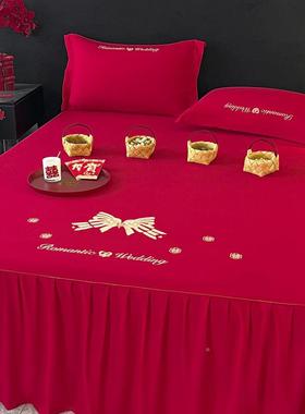 红色床带裙三件婚QET礼大婚庆红色婚床套床罩绑带款床单裙边结婚