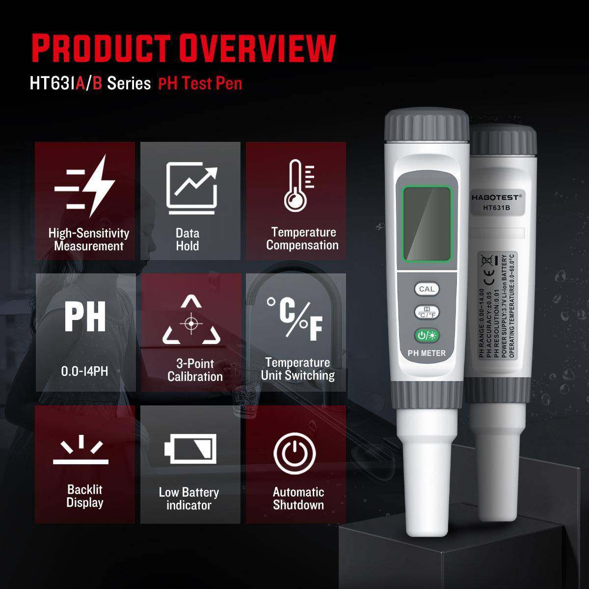 HT31AH测试笔三点校准自DMH动6温度补偿水质酸碱度检测笔B防p水pH