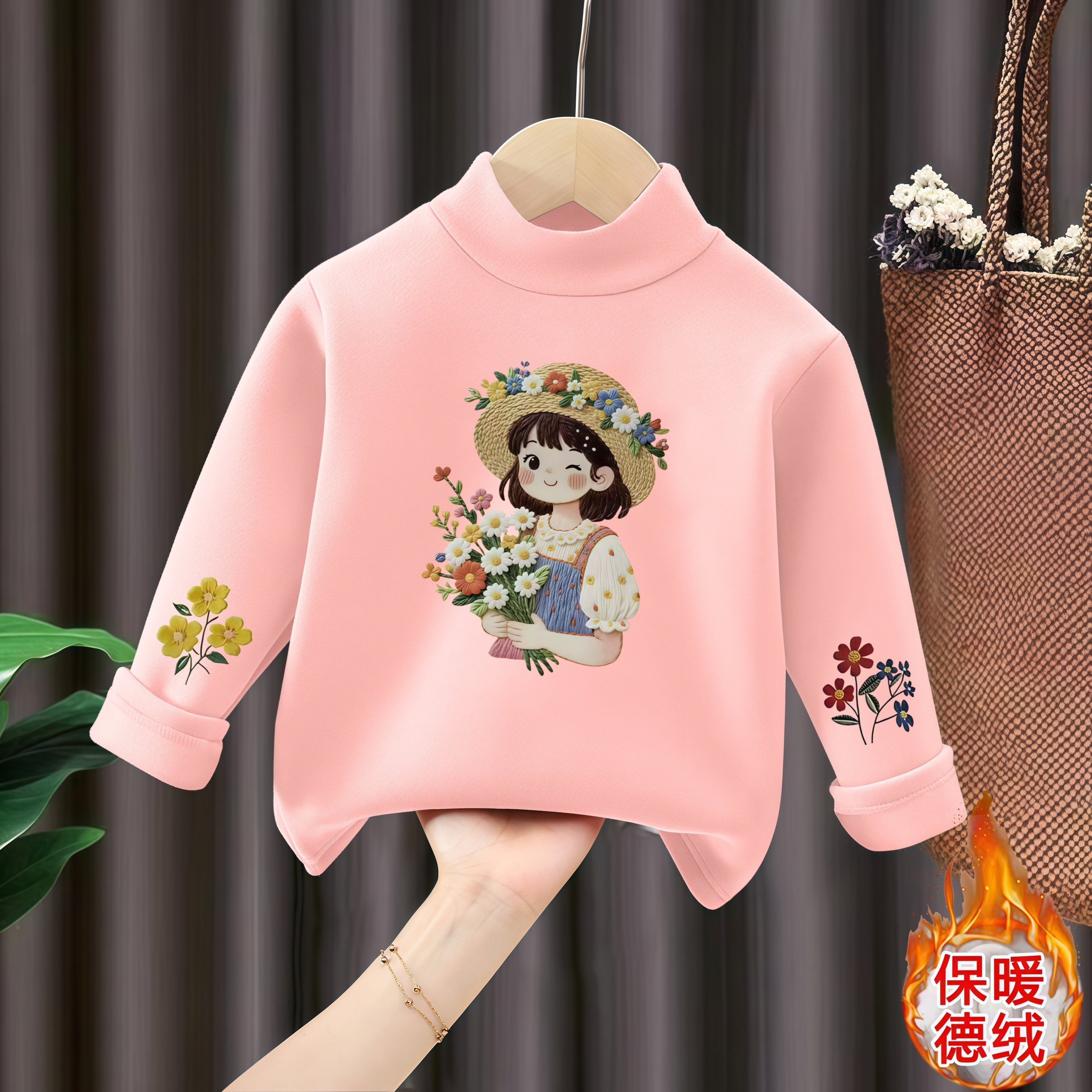 女童长袖T恤秋冬款2025新款洋气儿童德绒打底衫女孩冬装内搭上衣